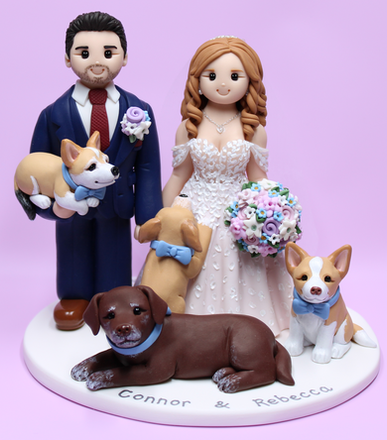 Personalised bride and groom wedding cake topper with mini dogs