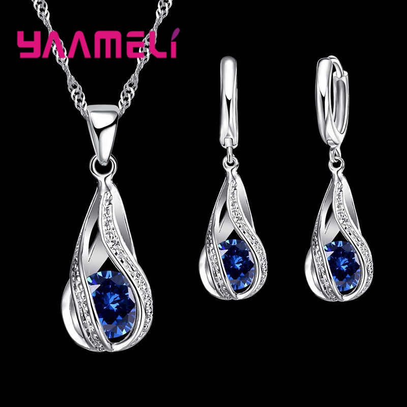 Thumbnail: Hot Water Drop CZ 925 Sterling Silver Plated Jewelry Set For Women Pendant Neckl