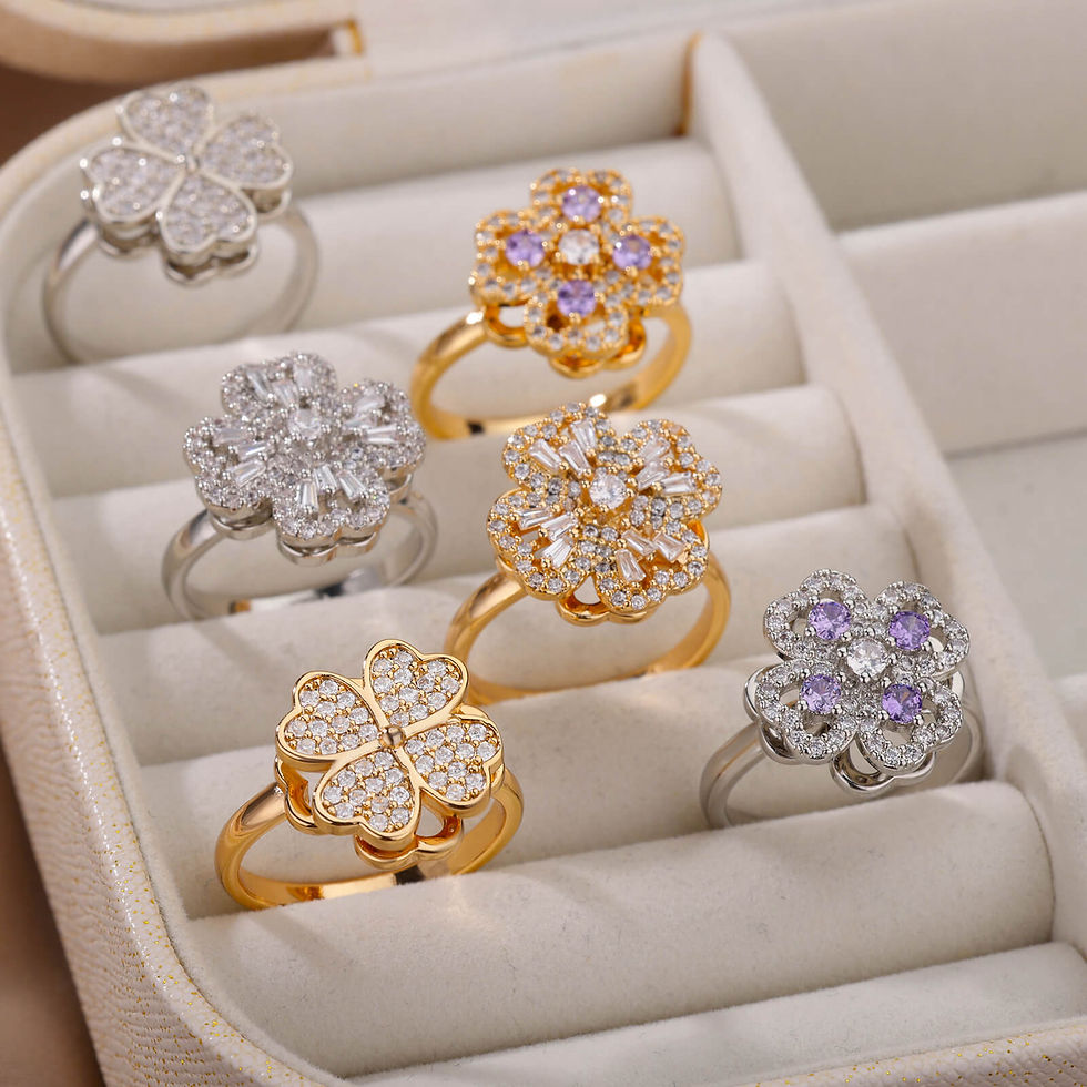 Thumbnail: Spinner Zircon Heart Four Leaf Clover Rings For Women Stainless Steel Anti Stres