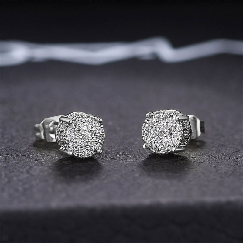 Thumbnail: Huitan Fancy Round Shaped Stud Earrings Paved Shiny CZ Stone Silver Color/Gold E