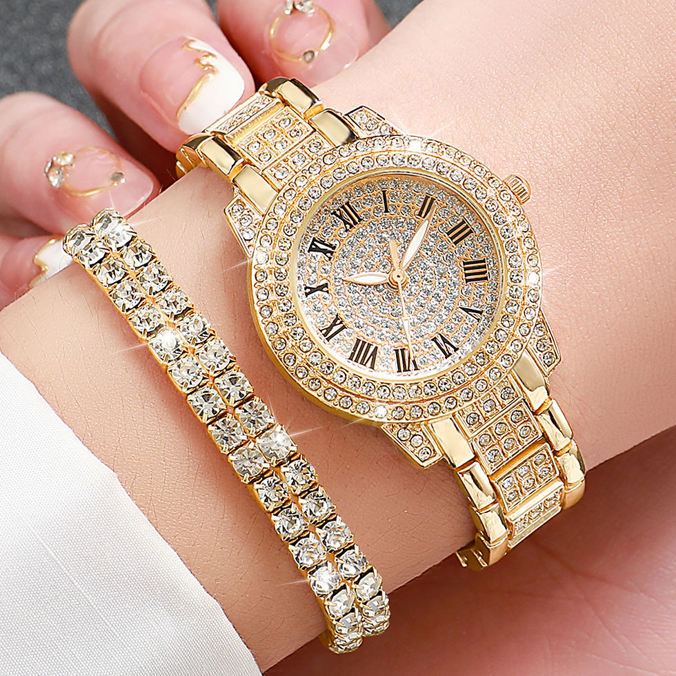 Thumbnail: 2PCS Fashion Full Diamond Women's Watch Gold Steel Band Analog Quartz Watches Br