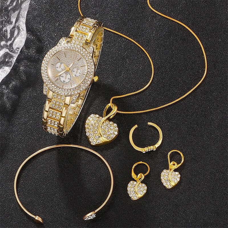 Thumbnail: Women's Quartz Watch Gold Luxury Women Ring Necklace Earring Rhinestone Fashion 