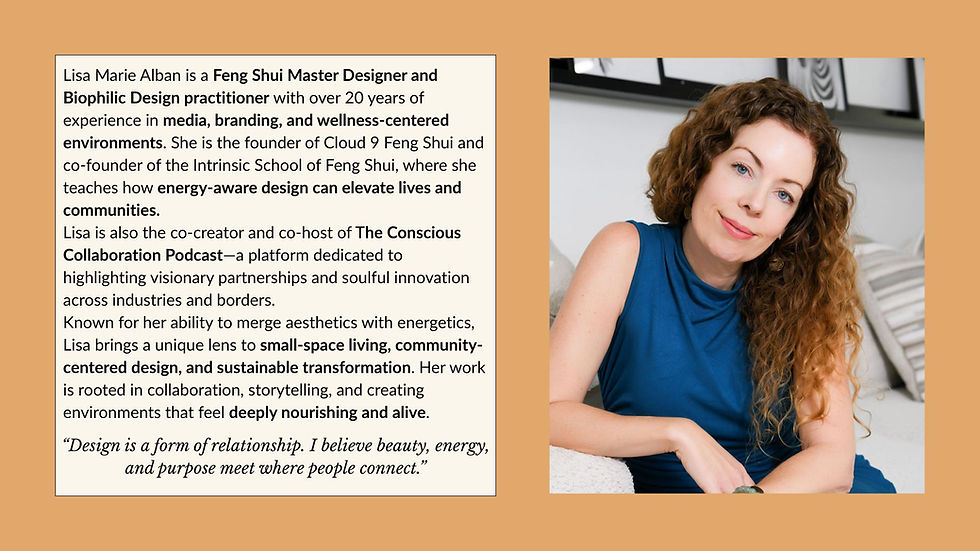 Woman in blue top smiling, sitting indoors. Text highlights her as a Feng Shui designer and podcast co-host, advocating for energy-aware design.