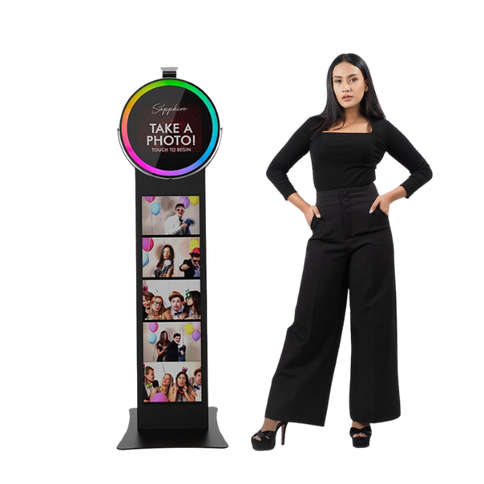 Lady standing next to the Posh Mirror Booth – Adelaide Starlight Entertainment