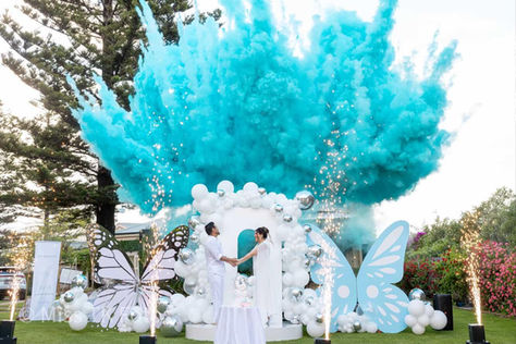 Gender reveal event styling in Adelaide featuring custom butterfly installation, balloon garland setup, and professional special effects by Adelaide Starlight Entertainment
