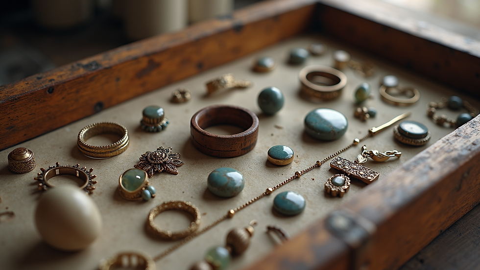 High angle view of a variety of mixed material jewelry pieces arranged artistically