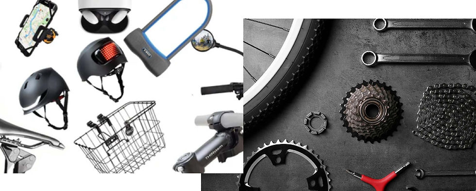 Cycling accessories, helmets, bike lock, tools