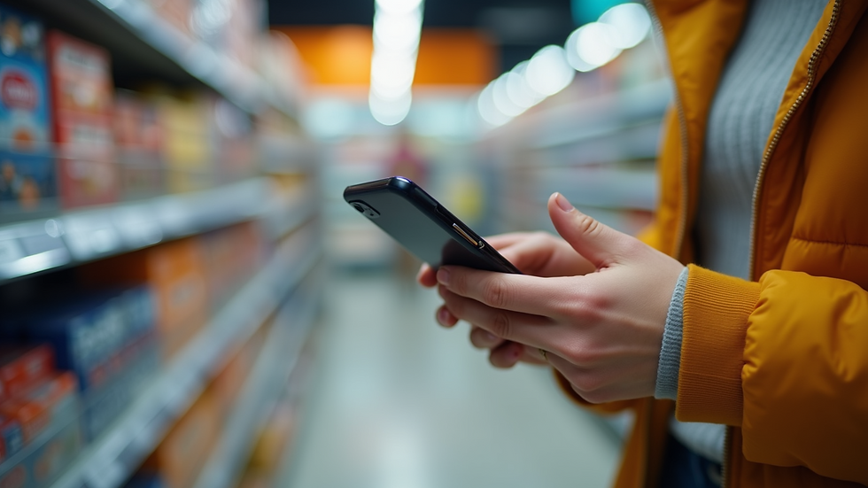 Eye-level view of a shopper using a smartphone to select payment options