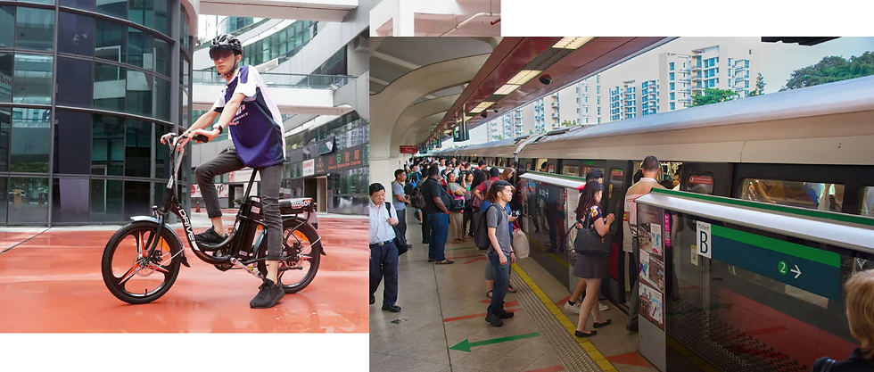 Man on ebike versus crowded train platform