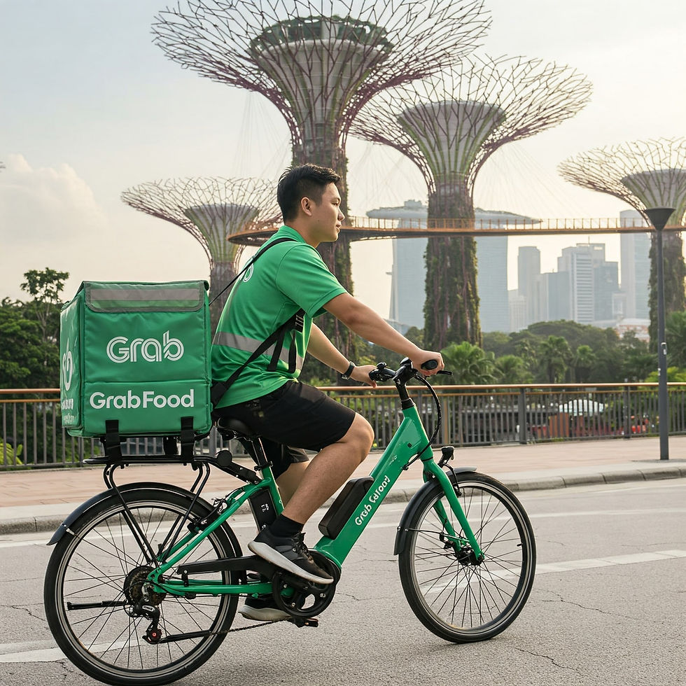 GrabFood delivery rider on bike, Singapore skyline