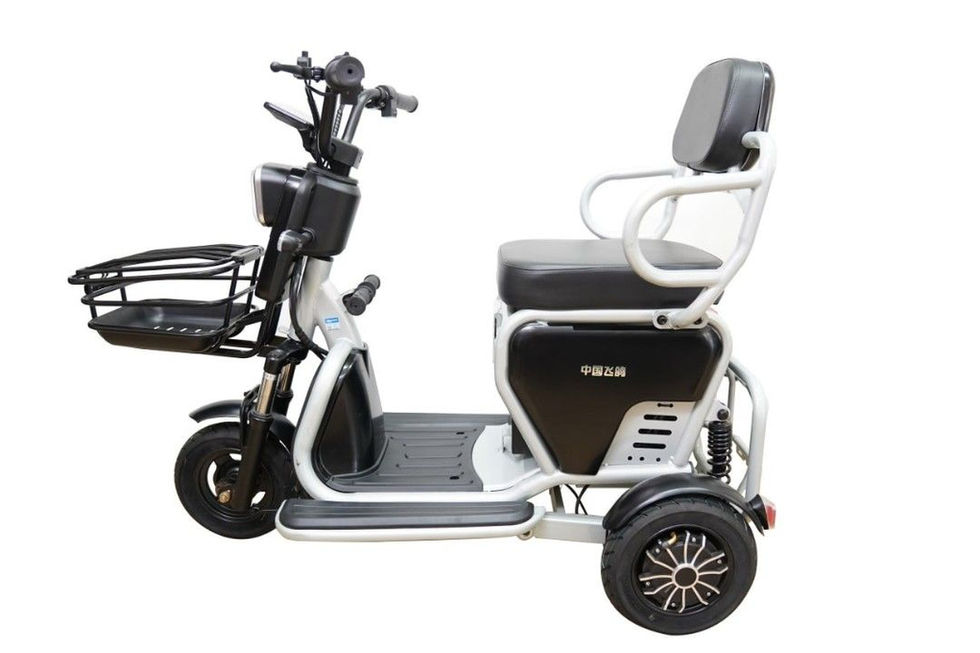 Three-wheeled electric scooter with rear backrest
