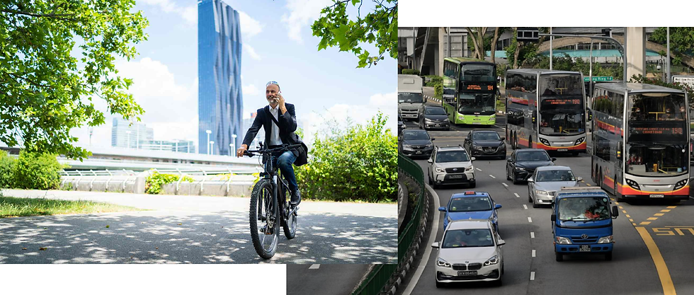 Businessman bike commutes; city traffic congestion