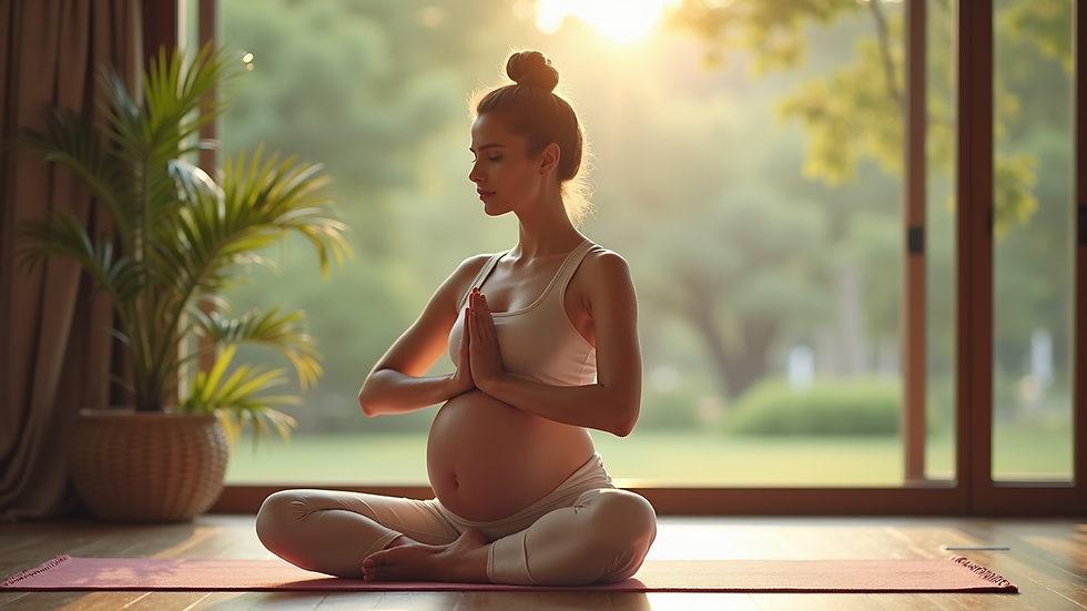 Eye-level view of a pregnant woman practicing yoga in a serene environment