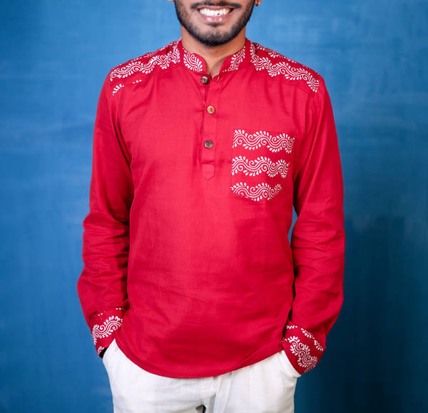 Alpona Laal Men's Short Kurta