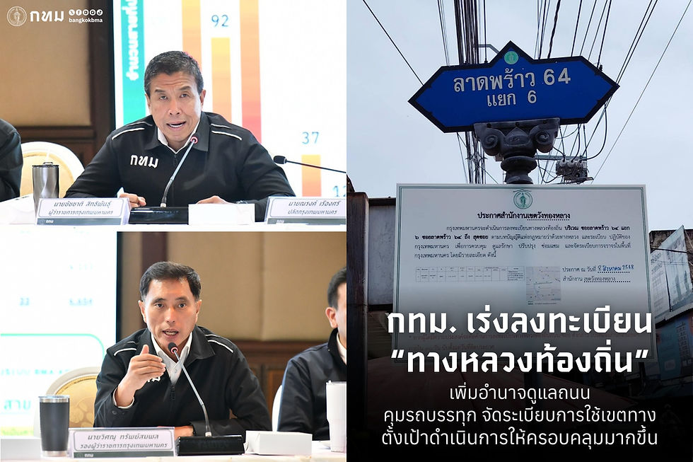 "ทางหลวงท้องถิ่น"กทม. เร่งลงทะเบียน “ทางหลวงท้องถิ่น” เพิ่มอำนาจดูแลถนน คุมรถบรรทุก จัดระเบียบการใช้เขตทาง ตั้งเป้าดำเนินการให้ครอบคลุมมากขึ้น