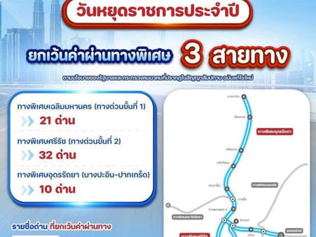 กทพ. ยกเว้นค่าผ่านทางพิเศษ 3 สายทาง ระหว่างวันที่ 28 – 30 กรกฎาคม 2569
