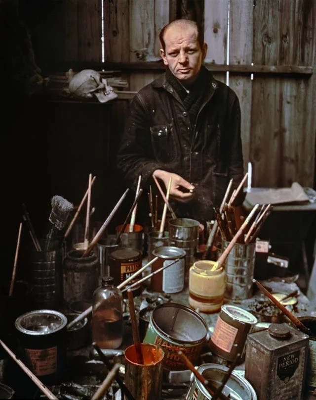 Pollock in studio with skull which he leant to Lehman for a commission.