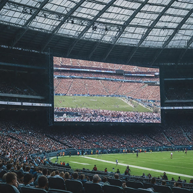 Custom made screen in a sports stadium, composed of multiple small displays for high visibility and quick setup