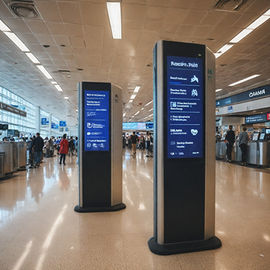Floor standing information display screens providing clear and engaging content in a public space