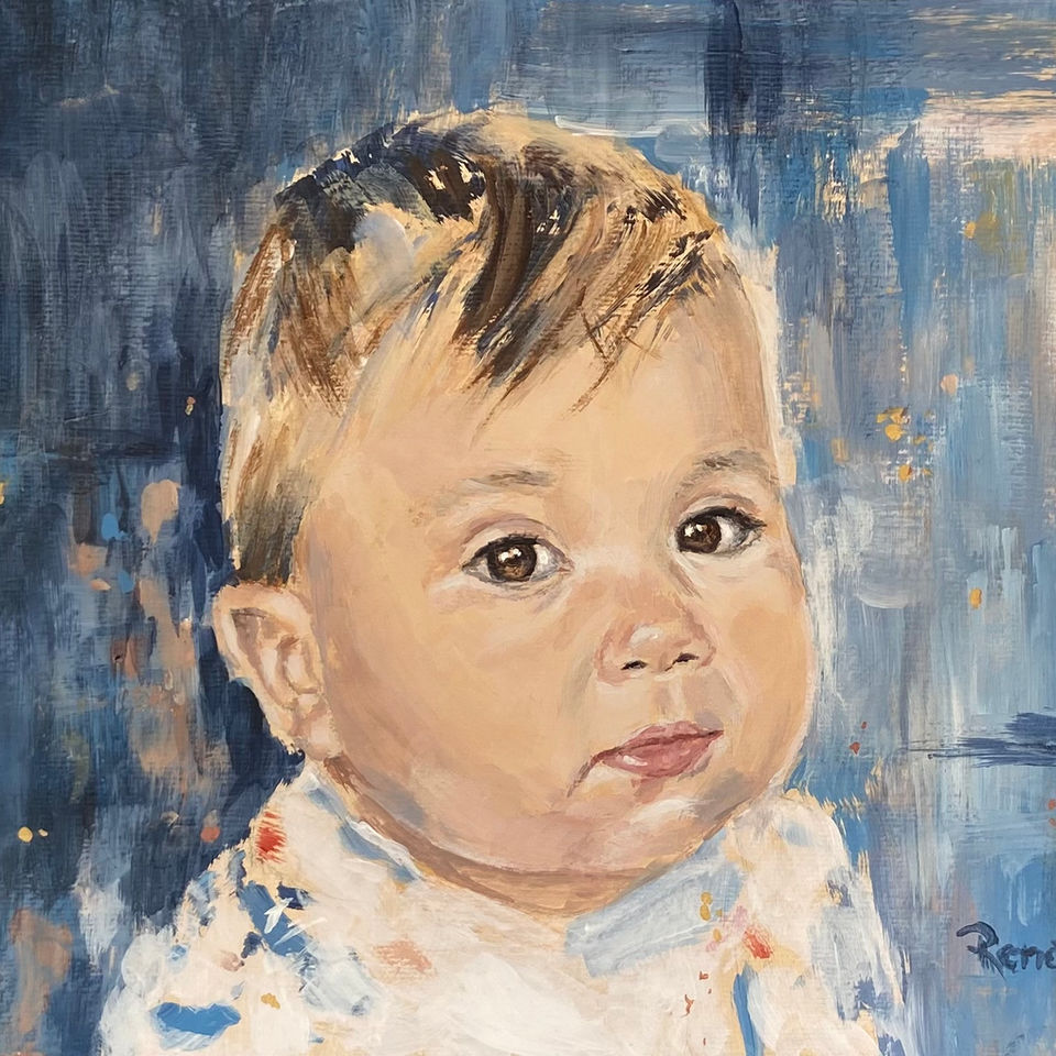 An acrylic portrait of a little toddler boy with lovely brown eyes