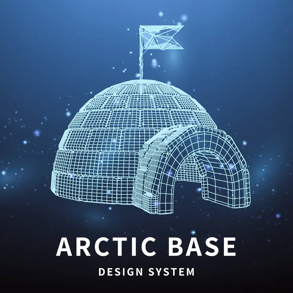 A digital wireframe illustration of an igloo with a geometric flag on top, glowing in cool blue tones against a starry background. The text ‘Arctic Base Design System’ appears below the graphic.