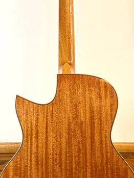 The rear of a Honduran Mahogany Cutaway with matching binding and thin purfling details.