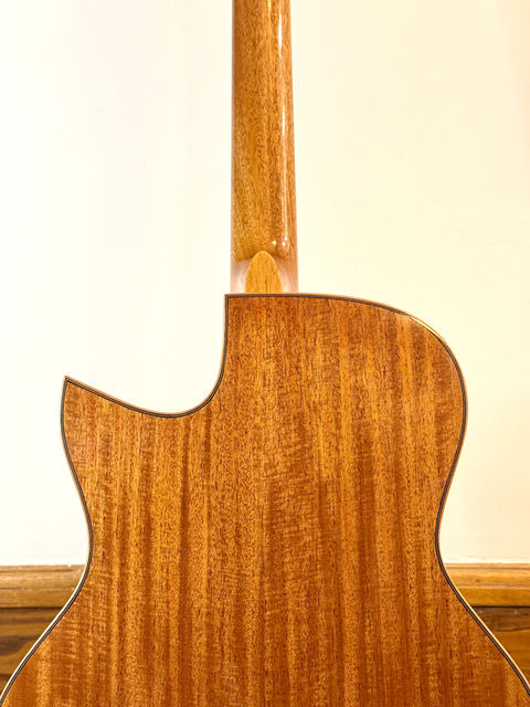 The rear of a Honduran Mahogany Cutaway with matching binding and thin purfling details.