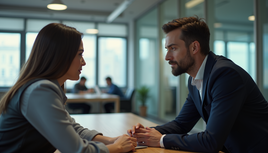 Eye-level view of a manager attentively listening to a team member in an office