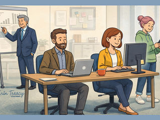 Multigenerational workplace illustration showing Baby Boomers, Gen X, Millennials, and Gen Z working together in an office setting.