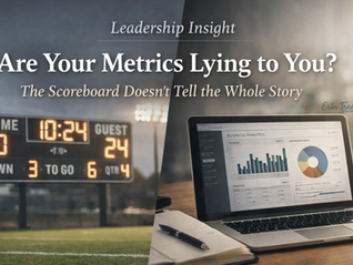 Football scoreboard on one side and a laptop with business analytics dashboard on the other illustrating how leaders measure business metrics and performance.