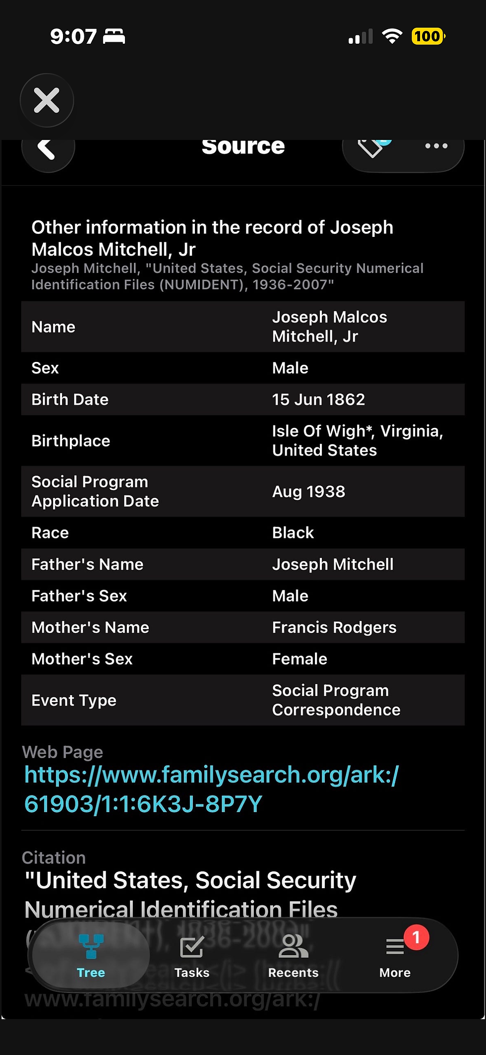 "United States, Social Security Numerical Identification Files (NUMIDENT), 1936-2007", FamilySearch (https://www.familysearch.org/ark:/61903/1:1:6K3J-8P7R: Sat Apr 26 17:03:59 UTC 2025), Entry for Joseph Malcos Mitchell, Jr and Joseph Mitchell. Note: There were only two races: Colored and White. Joseph was put down as colored.