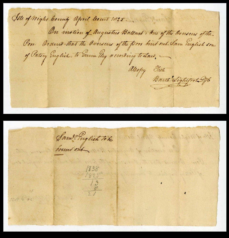 Source: Sam (M, 7 or 8): Indenture Of Apprenticeship, 1825 (1006292_0002_0014). Virginia Untold: The African American Narrative Digital Collection, Library of Virginia, Richmond, Va.