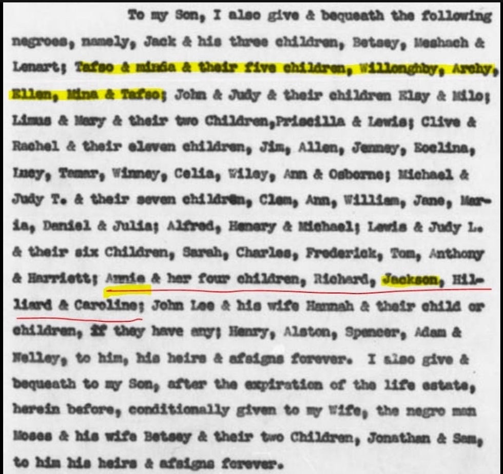An excerpt from the will of Andrew Pickens mentioning Tasso, Minda and their children.