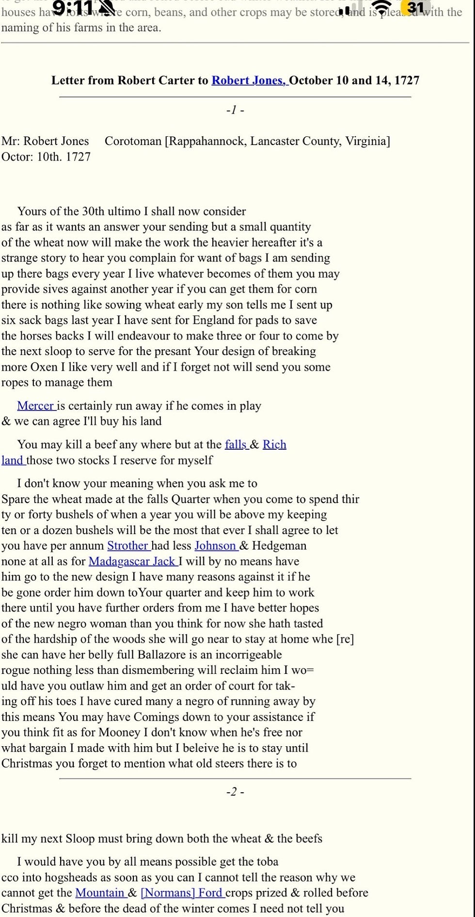 Robert Carter’s letter to Robert Jones where he mentions Madagascar Jack, an enslaved Malagasy he owned. Source: https://christchurch1735.org/robert-king-carter-papers/html/C27j10a.mod.html