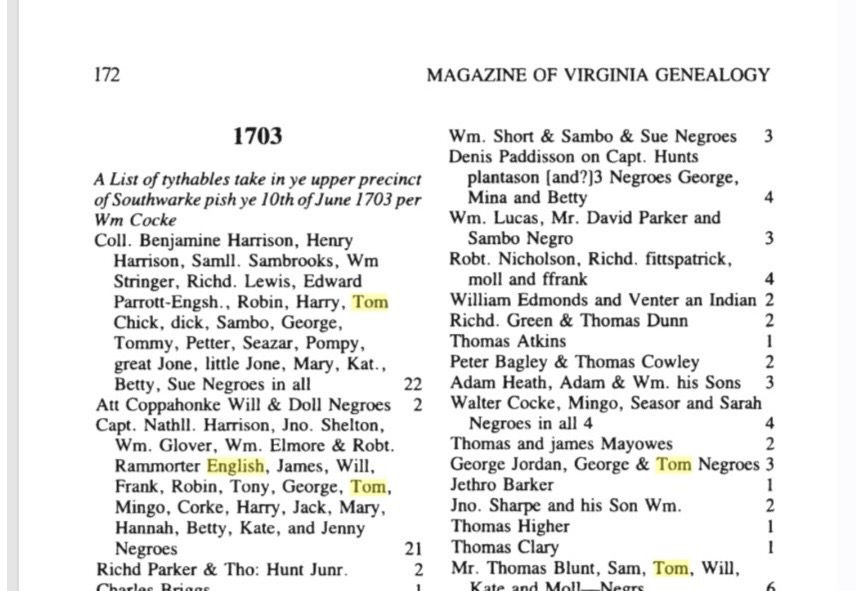 Rammorter English was listed as a tithable in 1703 in Captain. Nathaniel Harrison's household. Betty English is listed in the same household (she would be documented with the surname English in Nathaniel Harrison's estate in 1728). Edward Parrot-English is listed as a tithable in the household of Benjamin Harrison in 1703. Source: Surry County, Virginia Tithables, 1668-1703. By Edgar McDonald, Richard Statten.