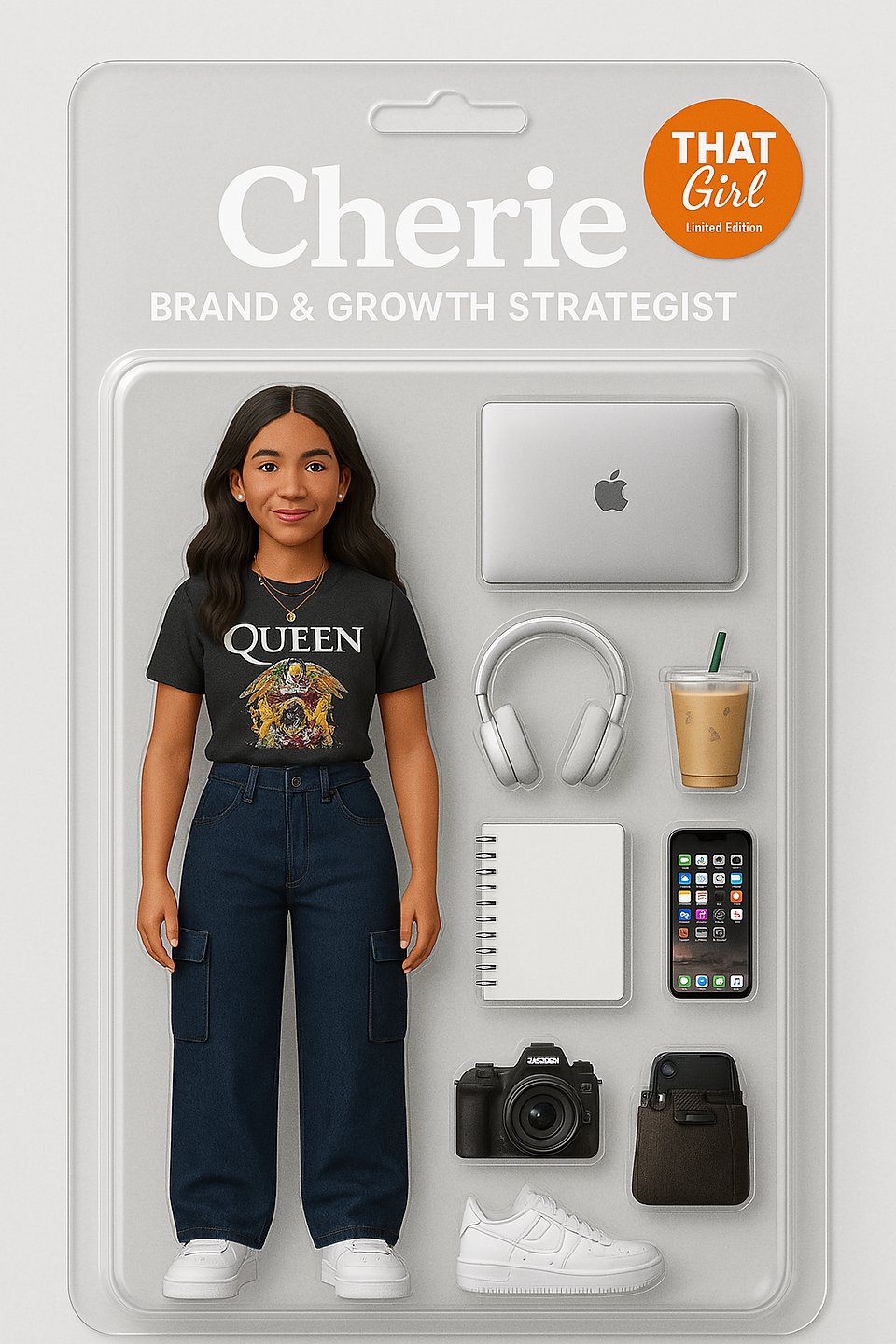 Action figure of a woman in a Queen band t-shirt and cargo pants, with accessories including a MacBook, headphones, iced coffee, planner, and phone inside clear packaging.