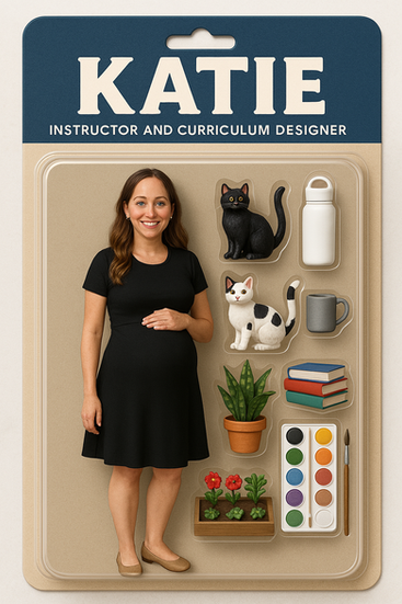 Action figure of a woman in a black dress holding a coffee cup, surrounded by a laptop, water bottle, planner, cat, dog, and colored pencils inside blister packaging.