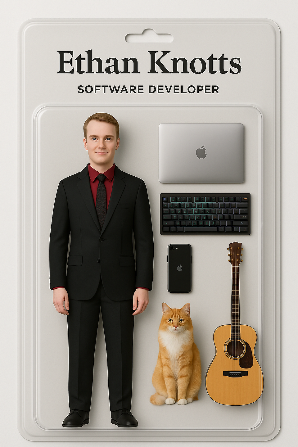Action figure of a man in a suit with a red tie, packaged with a MacBook Air, RGB keyboard, acoustic guitar, cat, and iPhone SE.