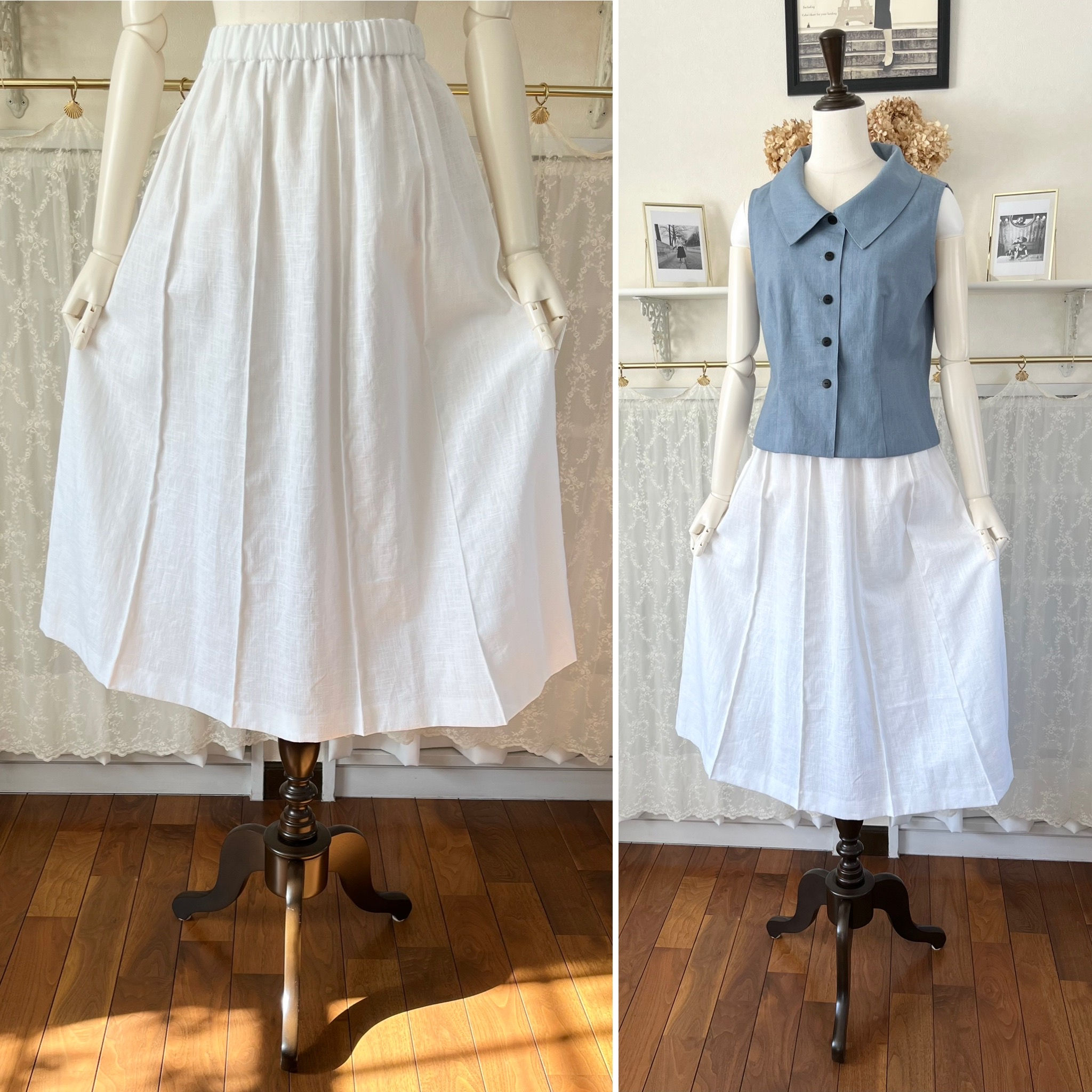 白リネンの10枚剥ぎスカート『サイズフリー・ピンタック・Aライン・ロング・ホワイトリネン・ウエストゴム』