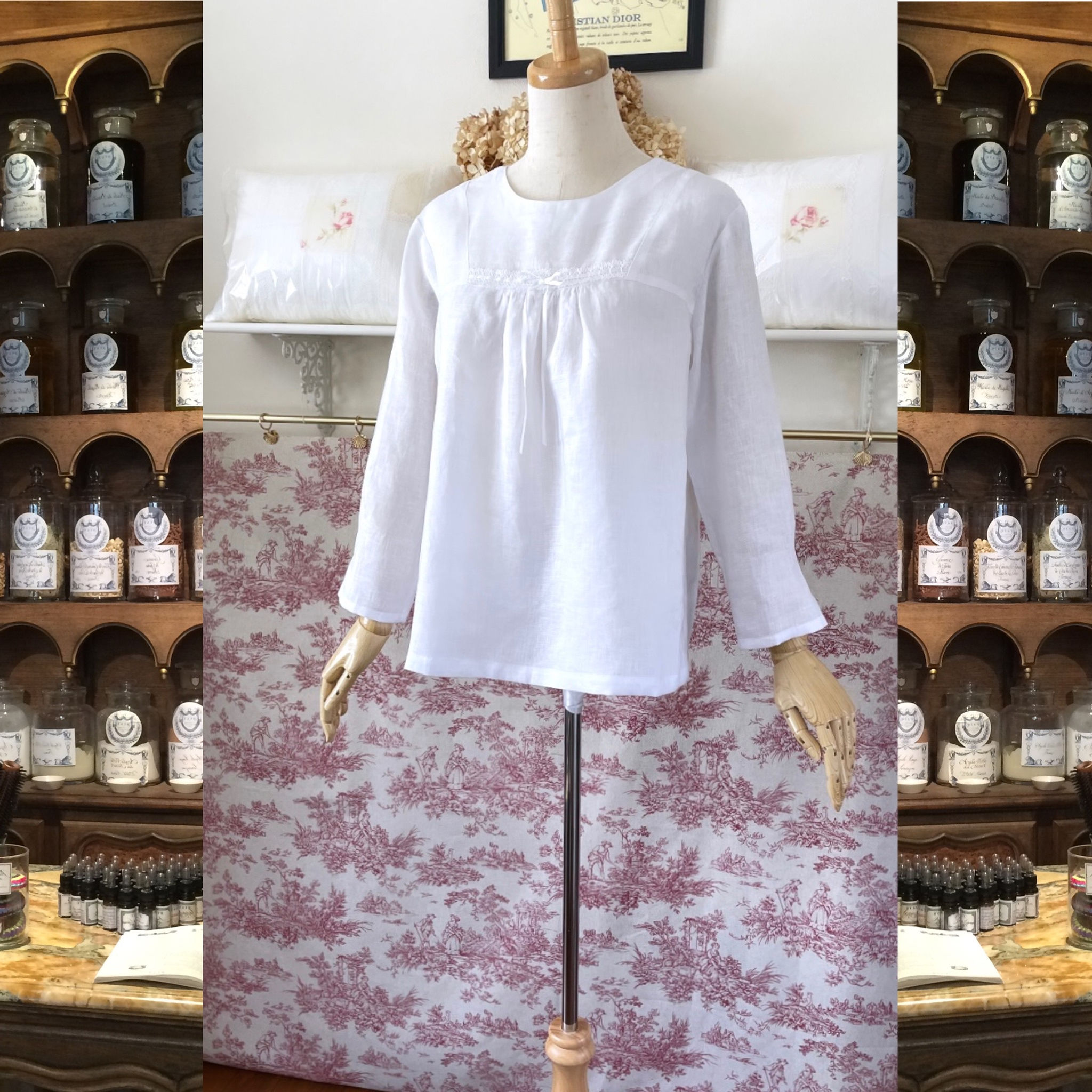 白リネン・レース＋リボンのブラウス『ホワイトリネン・重ね着・ふんわりロング』