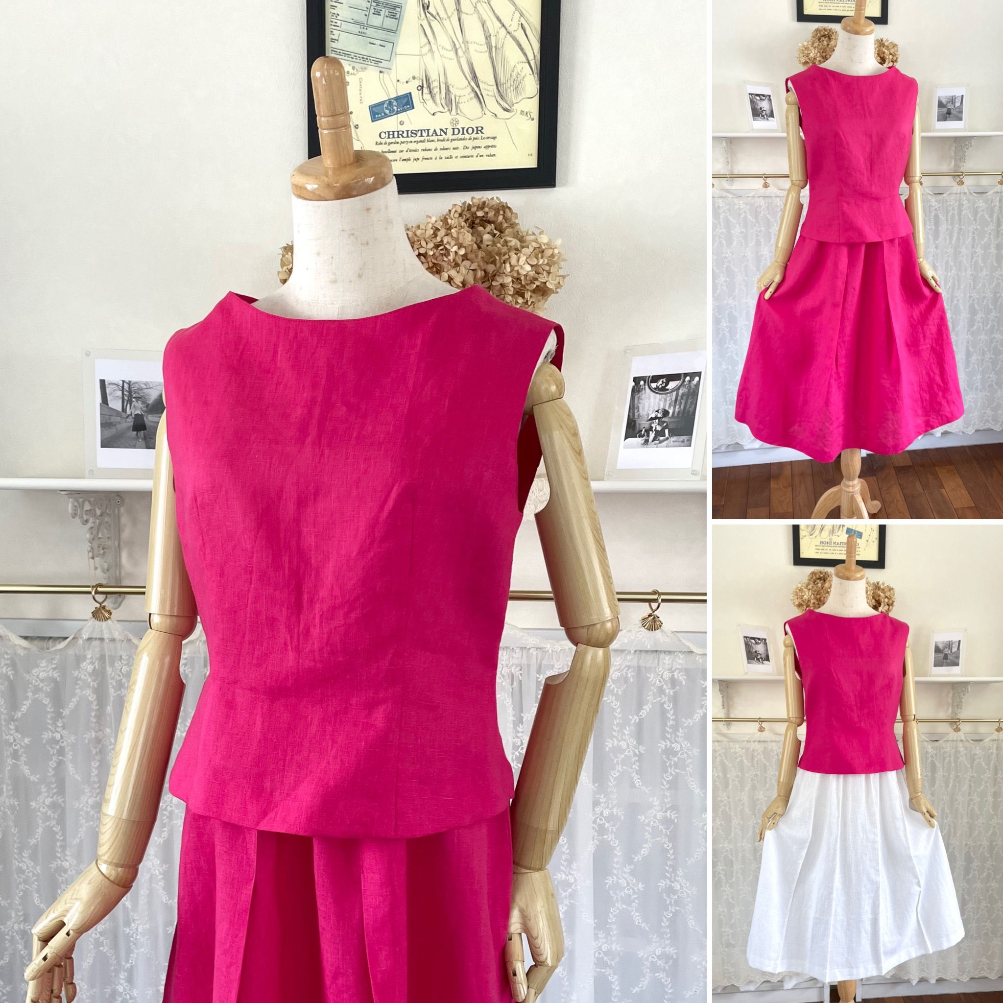 鮮やかなピンクリネンのノースリーブブラウス『ボートネック・ボトルネック・麻のブラウス・パリのリネン』