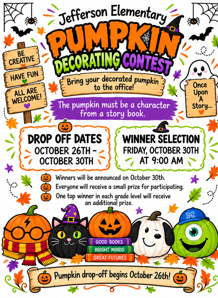 Get ready to show off your creativity! Decorate a pumpkin inspired by your favorite storybook character and bring it to the office! šØš