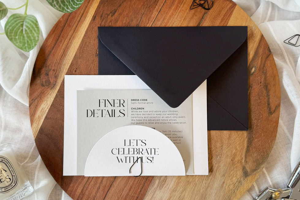 Eco-friendly wedding invite set with main card and circular name tag for modern pairing