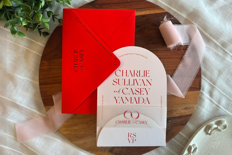 Double-sided digitally printed wedding invitation with trendy arch and tag combo
