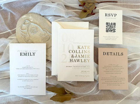 Luxury wedding invitation with clear and gold foil stamping on eco-friendly off-white card