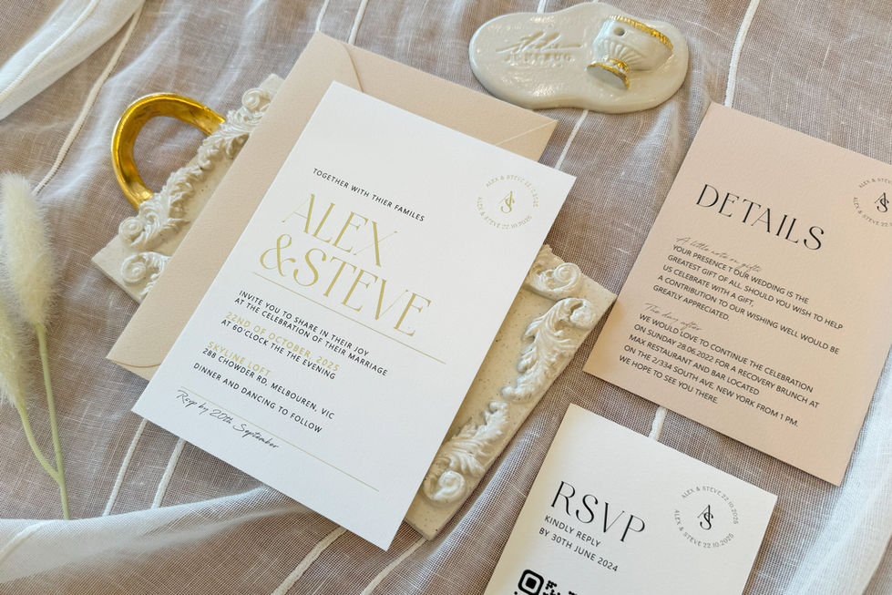 Luxury wedding invitation with matte or shiny gold foil and personalised black printing