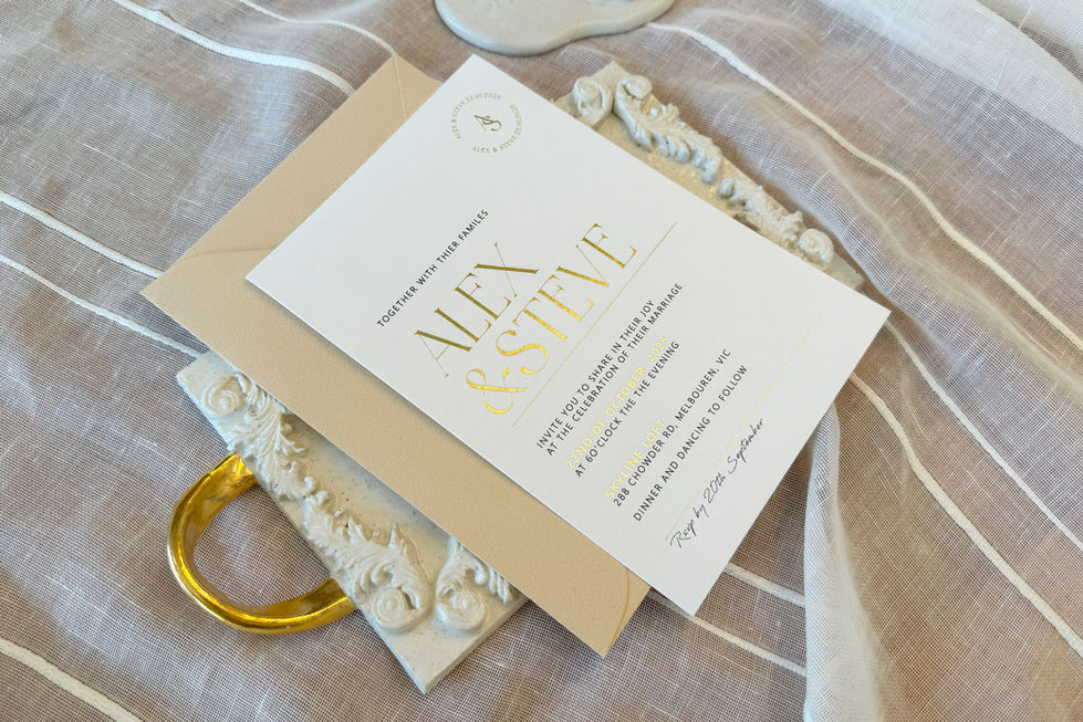 Custom foil stamped wedding invitation with black text on 350gsm eco off-white cardstock