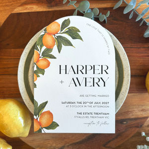 Italian-style arch wedding invitation with lemon pattern and double-sided custom text