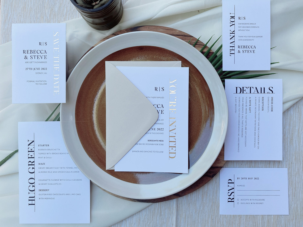 Modern and stylish wedding invitation with bold foil design and clean typography