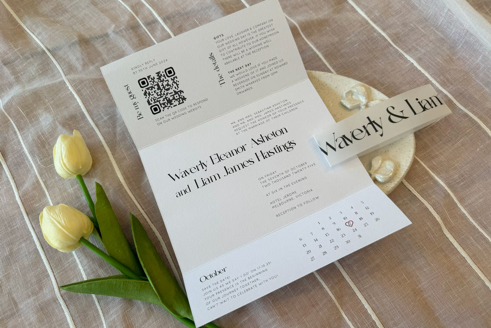Modern folded wedding invitation with space for ceremony, RSVP, and details